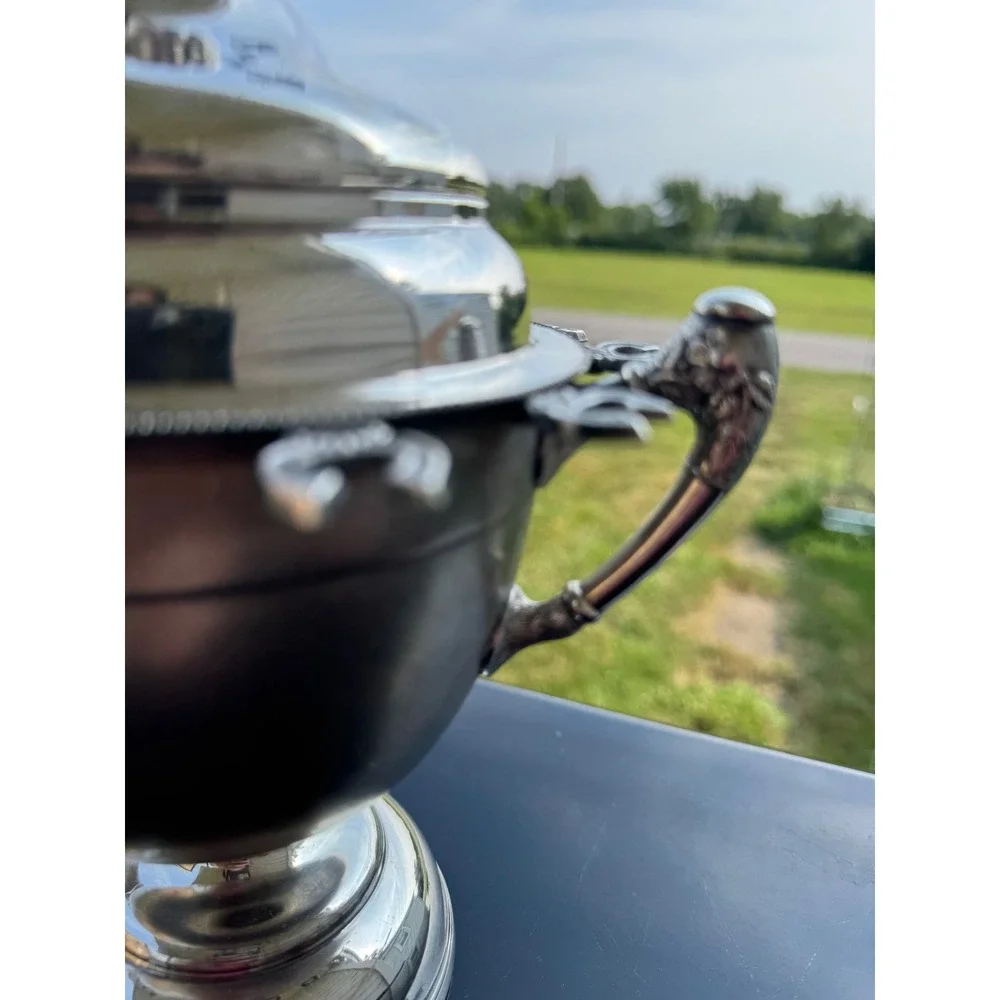 Vtg Britannia Metal Quadruple Plate Spoon Holder Caddy w/ Lid Horseshoe Motif